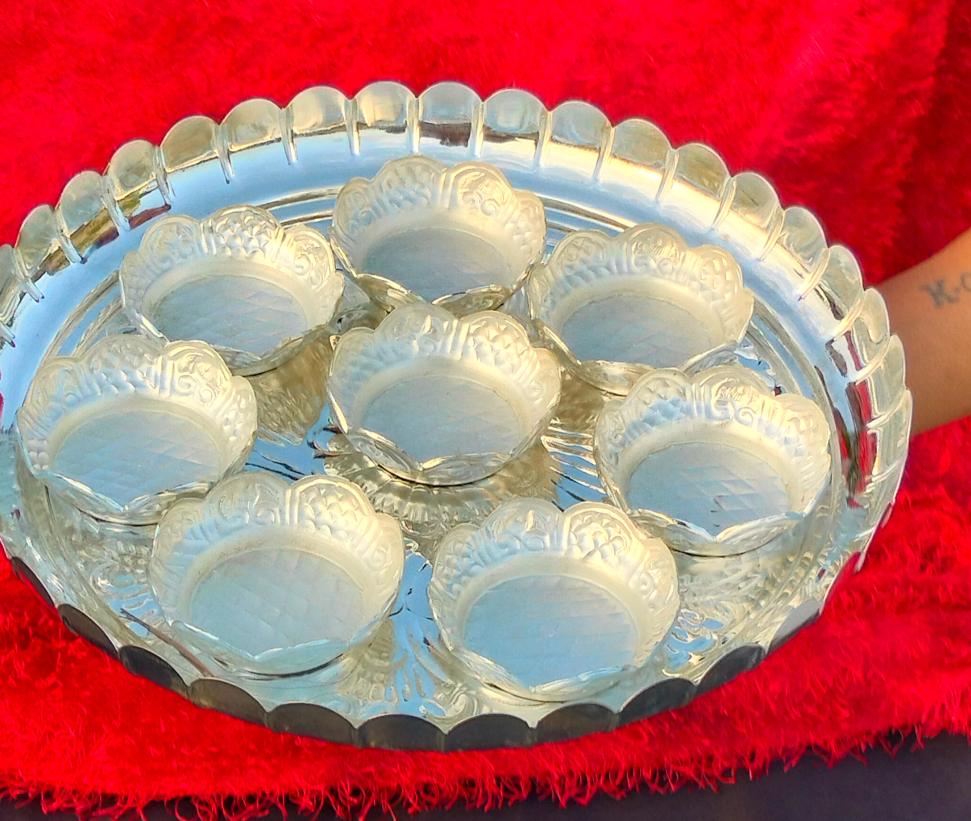 German silver flower tray with bowl set for Diwali prasad/ sweet/ snacks/ housewarming